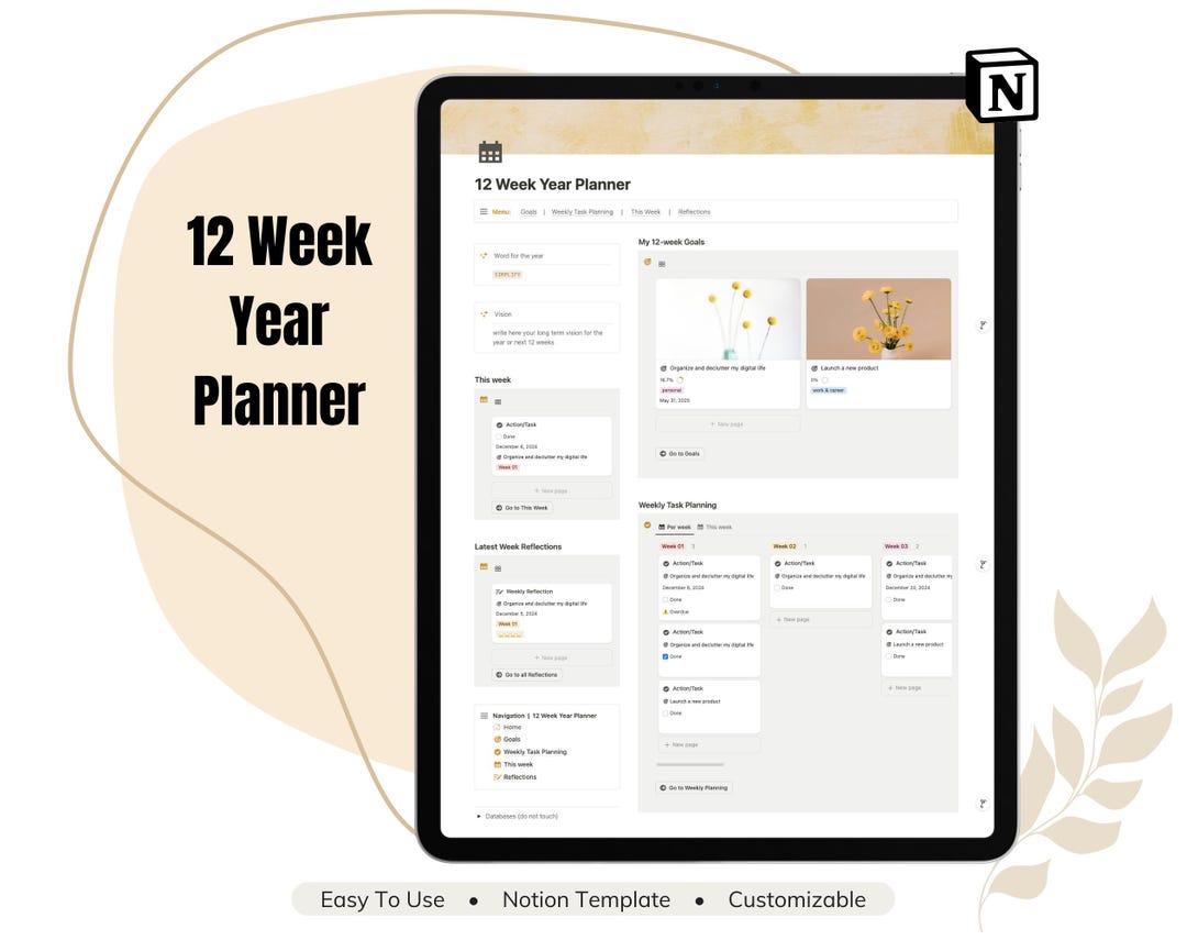 12 Week Year Planner | Notion Template | 3 Month Goals | Notion Life ...