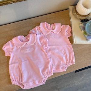 Pink Baby Girl Bubble with Ric Rack Trim | Embroidered with Name & Bows
