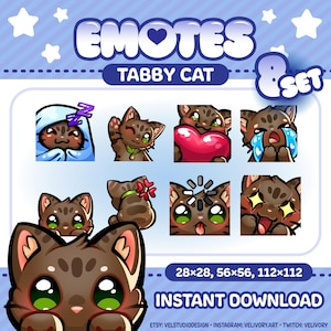 Cute Brown Tabby Cat Emotes Set of 8 for Streaming - Instant Download - Kawaii, Kitty, Twitch, Discord, Chibi, Stream Assets