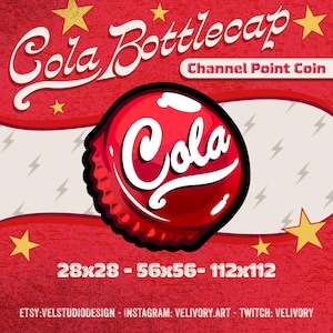 Könnte beinhalten: Ein roter und weißer Cola-Flaschenverschluss im Retro-Stil mit dem Wort "Cola" in weißen Buchstaben. Der Flaschenverschluss befindet sich auf einem roten und weißen Hintergrund mit dem Text "Cola Bottlecap Channel Point Coin 28x28 - 56x56 - 112x112 ETSY:VELSTUDIODESIGN - INSTAGRAM: VELIVORY.ART - TWITCH: VELIVORY".