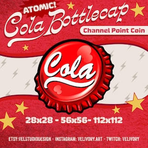 May include: A red cola bottle cap with the word "Cola" in white script. The image has a retro design with the words "Atomic! Cola Bottlecap" and "Channel Point Coin". The image also includes the sizes 28x28, 56x56, and 112x112.