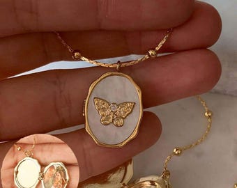 Custom Butterfly Shell Photo Locket Necklace: Memorial Jewelry