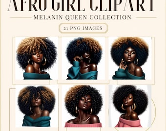 May include: A digital collection titled AFRO GIRL CLIPART MELANIN QUEEN COLLECTION 21 PNG IMAGES featuring six illustrations of individuals with voluminous curly hair, wearing gold hoop earrings and off-the-shoulder tops in teal or pink.