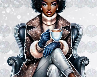 Black Woman Winter Clipart: Afro Girl PNG Stickers (Digital Download)