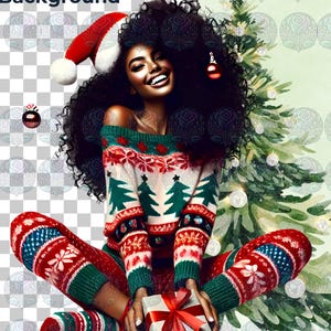 Black Woman Christmas Clipart: Afro Fashion PNG Stickers (Digital Download)