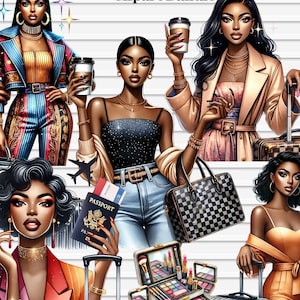 Black Girl Travel Clipart: Stylish Women PNG Bundle (Digital Download)