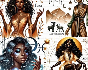 Black Girl Zodiac Clipart: Watercolor Astrology PNG Bundle (Digital Download)