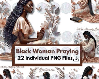 Black Woman Praying Clipart: Christian PNG Stickers (Digital Download)