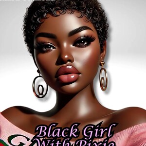 Może przedstawiać: Cyfrowa ilustracja czarnej kobiety z krótkimi, kręconymi włosami. Ma na sobie różowy sweter z zielono-czerwonym paskiem i złote kolczyki koła. Tekst "Black Girl With Pixie" jest napisany różowymi literami na dole obrazu.