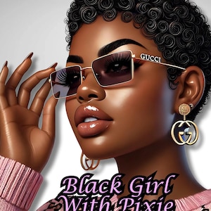 Puede incluir: Ilustración digital de una mujer negra con el pelo corto y rizado que lleva unas gafas de sol cuadradas grandes con la palabra "GUCCI" en el marco y pendientes de aro dorados con el logotipo de Gucci. Lleva un jersey rosa y tiene una expresión neutral.