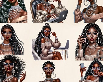 Glamorous Black Girl Clipart Bundle: Watercolor PNG (Commercial Use)