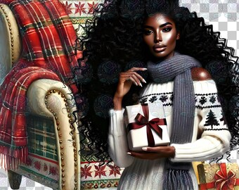 Black Woman Christmas Clipart: Afro Holiday PNG (Digital Download)