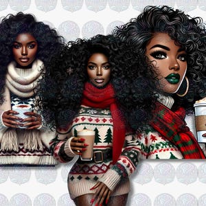 Black Woman Christmas Clipart: Afro Fashion PNG Stickers (Digital Download)