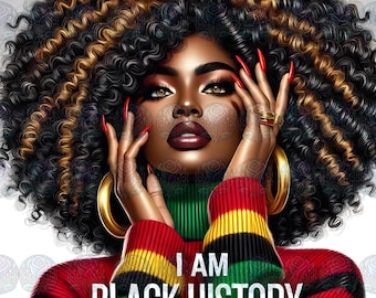 Puede incluir: Una ilustración digital de una mujer negra con cabello rizado marrón y rubio. Lleva un suéter a rayas rojo, verde, amarillo y negro con el texto "I AM BLACK HISTORY".