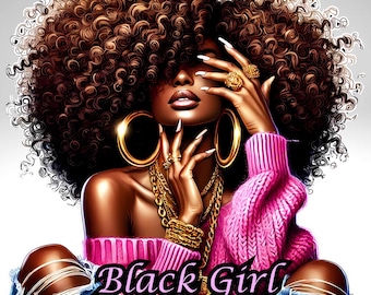 Afro Melanin Queen Clipart: Black Girl PNG, Pink Sublimation (Digital Download)