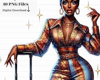 Puede incluir: Una ilustración digital de una mujer negra con un atuendo estampado en dorado y azul con un cinturón dorado. Lleva una maleta negra con asa. El fondo es blanco con estrellas doradas.