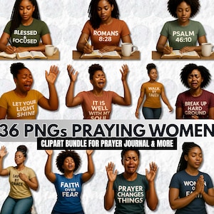 36 Black Girl Praying Clipart | Digital Download | Black Woman Faith | Wall Art Praying Hand Png Black Girl Clipart Bundle, Planner Stickers