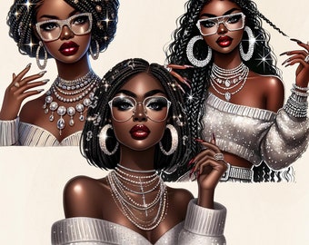 Glamorous Black Girl Clipart: PNG Sticker Bundle (Commercial Use)