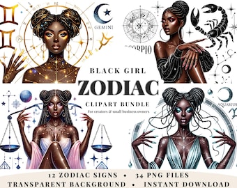 Pacote de imagens PNG de garotas negras do zodíaco | Clipart de signos astrológicos | Ilustração de mulher afro | Download digital