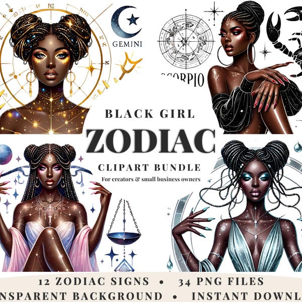 Zodiac Black Girl PNG Bundle | Astrology Signs Clipart | Afro Woman Illustration | Digital Download