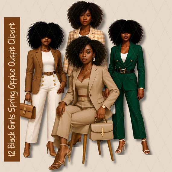 Black Fashion Girl Clipart: Spring Office Outfits (PNG Digital Download)