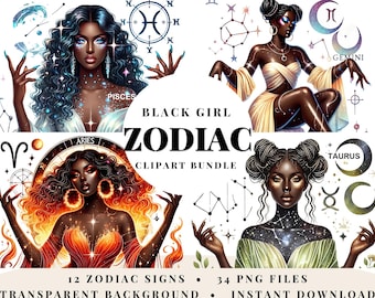 Black Girl Astrology Clipart Bundle PNG | Zodiac Signs Afro Woman Art | Horoscope Graphics for DIY, Stickers & Gifts