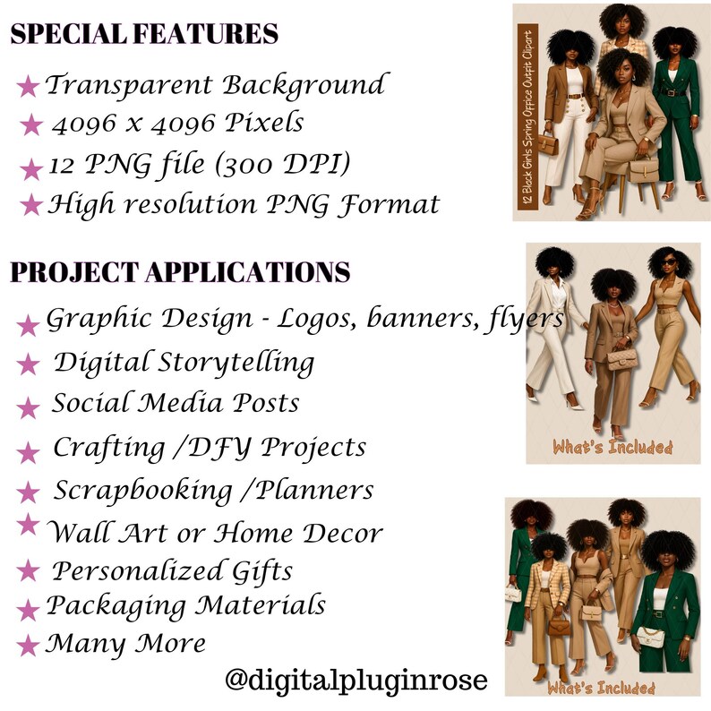 May include: A digital illustration set of 12 Black women in various poses wearing different outfits. The women are wearing professional attire, including suits, dresses, and skirts. The illustrations are in a cartoon style and have a transparent background. The text "What's Included" appears twice in the image.