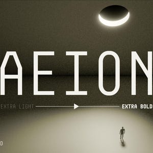 May include: A white sans-serif font called "AEION" with the words "EXTRA LIGHT" and "EXTRA BOLD" on either side of the word "AEION". The font is displayed in a mono-spaced style. The word "CONDENSED" is in the top right corner of the image. The word "VARIABLE" is in the bottom right corner of the image. The word "MONO SPACED" is in the bottom left corner of the image.