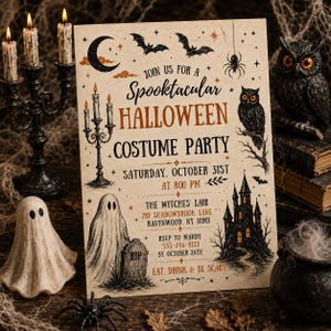 May include: A rectangular Halloween party invitation on cream paper featuring black and orange illustrations of a crescent moon, bats, a spider, a candelabra, an owl, a ghost, a tombstone, and a haunted castle with text: Join us for a Spooktacular Halloween Costume Party, Saturday, October 31st at 8:00 PM, The Witches' Lair, 789 Shadowbrook Lane, Ravenwood, NY 10901, RSVP to Mandy 555-246-8139 by October 24th, Eat, Drink & Be Scary.