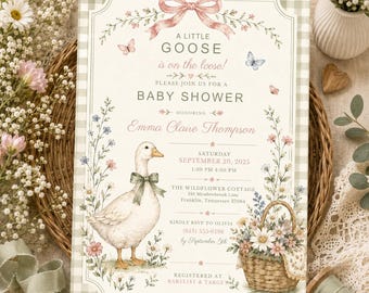 Goose Baby Shower Invitation, Little Goose Baby Sprinkle Invite, Vintage Wildflower Shower Template