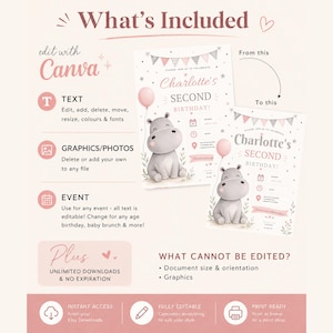 May include: A digital birthday invitation template featuring a gray cartoon hippo holding a pink balloon, with pink and gray bunting flags. The text reads Charlotte's Second Birthday. The layout includes instructions for editing text and graphics.