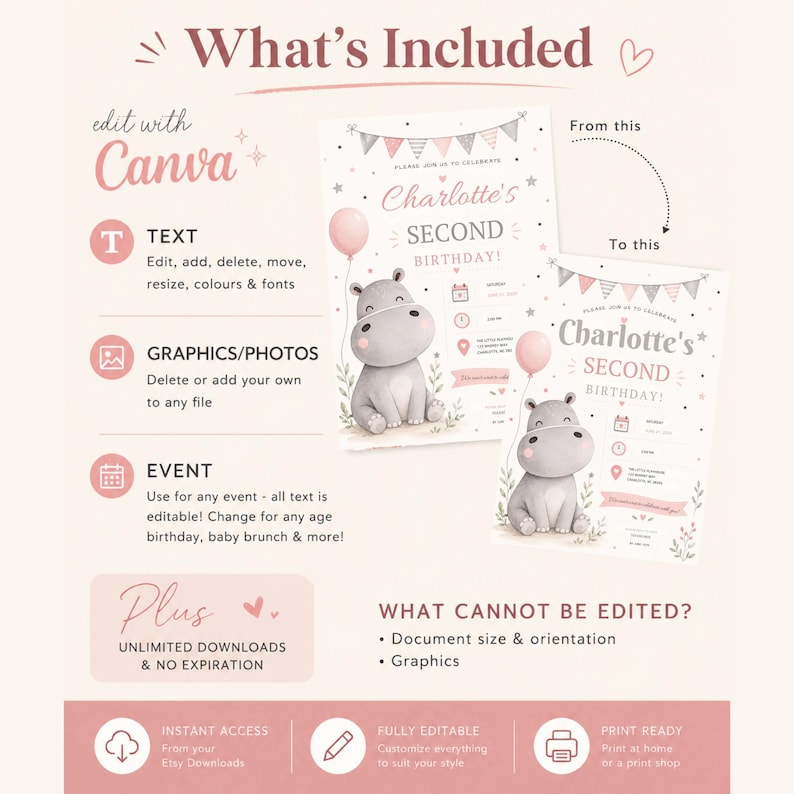 May include: A digital birthday invitation template featuring a gray cartoon hippo holding a pink balloon, with pink and gray bunting flags. The text reads Charlotte's Second Birthday. The layout includes instructions for editing text and graphics.
