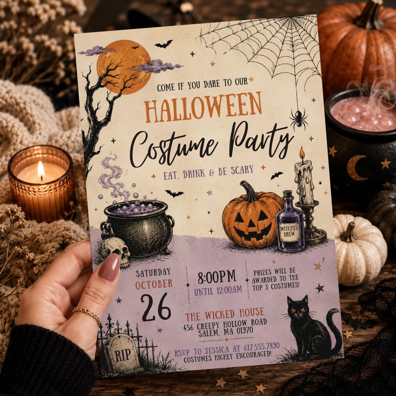 May include: A rectangular Halloween costume party invitation card featuring a full moon, spider web, cauldron, jack-o'-lantern, potion bottle, candle, and black cat. The text reads: Come if you dare to our Halloween Costume Party, Eat, Drink & Be Scary, Saturday October 26, 8:00PM until 12:00AM, The Wicked House, 456 Creepy Hollow Road, Salem, MA 01970, RSVP to Jessica at 617.555.7890.