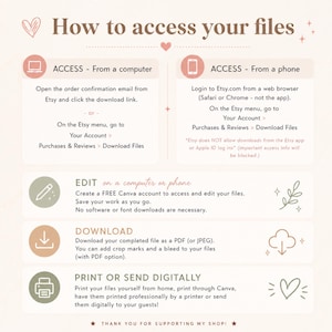 Puede incluir: Una infograf&iacute;a instructiva titulada How to access your files con un fondo beige suave. Describe los pasos para acceder a archivos desde una computadora o tel&eacute;fono, editar mediante Canva, descargar como PDF o JPEG, e imprimir o enviar digitalmente.