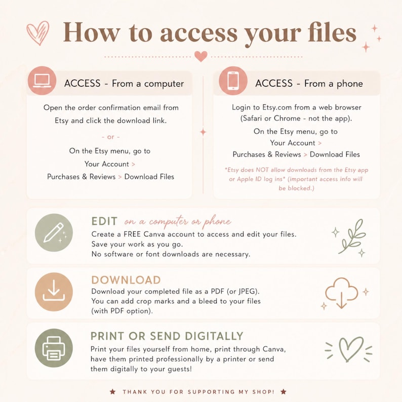 Puede incluir: Una infograf&iacute;a instructiva titulada How to access your files con un fondo beige suave. Describe los pasos para acceder a archivos desde una computadora o tel&eacute;fono, editar mediante Canva, descargar como PDF o JPEG, e imprimir o enviar digitalmente.