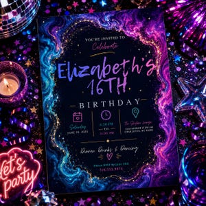 May include: A rectangular birthday invitation card featuring a dark background with swirling blue and purple nebula-like patterns and gold glitter accents. The text reads: You're invited to celebrate Elizabeth's 16th birthday, Saturday June 21, 2025.