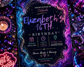 May include: A rectangular birthday invitation card featuring a dark background with swirling blue and purple nebula-like patterns and gold glitter accents. The text reads: You're invited to celebrate Elizabeth's 16th birthday, Saturday June 21, 2025.
