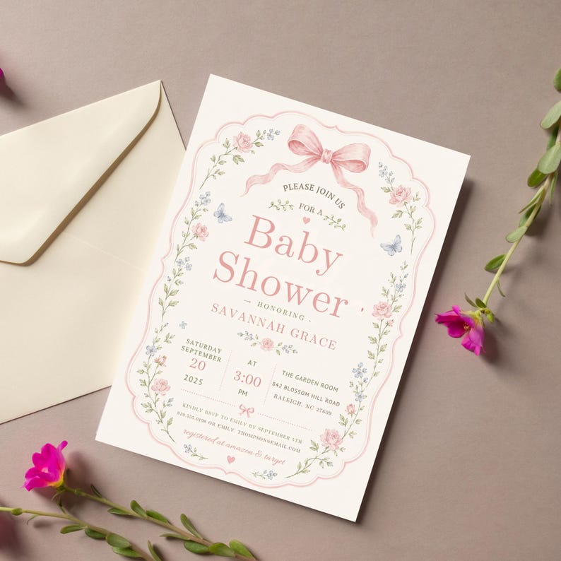 May include: A cream-colored baby shower invitation card featuring a pink scalloped border, a pink ribbon bow, and floral illustrations. The text reads: Please join us for a Baby Shower honoring Savannah Grace, September 20, 2025, at 3:00 PM.