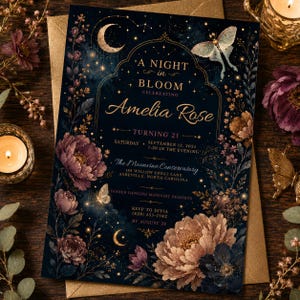 May include: A dark blue invitation card featuring gold text that reads A NIGHT IN BLOOM CELEBRATING Amelia Rose TURNING 21 SATURDAY SEPTEMBER 13 2025 7:30 IN THE EVENING The Moonvine Conservatory 188 Willow Crest Lane Asheville North Carolina.