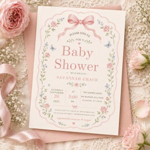 Elegant baby shower invitation featuring soft pink watercolor roses, delicate blue flowers, feminine bow accents, and a vintage floral border. Blush pink and sage green color palette with classic typography and botanical details. Perfect for baby girl showers, baby sprinkles, floral-themed celebrations, garden parties, and sophisticated baby shower events. Romantic floral invitation design with customizable event details, ideal for modern moms seeking a timeless and elegant baby shower