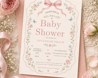 Invitación rosa para baby shower, invitación floral para baby shower, plantilla elegante para celebración de bebé niña