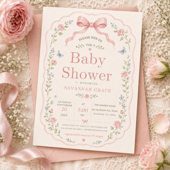 Pink Baby Shower Invitation, Floral Baby Shower Invite, Elegant Baby Girl Celebration Template
