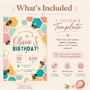 Puede incluir: Una plantilla de invitaci&oacute;n de cumplea&ntilde;os editable con patr&oacute;n de panal, abejas, texto rosa y verde azulado que dice Olivia's Birthday y detalles del evento. Incluye instrucciones para editar en Canva y un tama&ntilde;o de 12,7 por 17,8 cm.