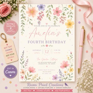 Floral Birthday Invitation Template, Printable Birthday Party Invite, Editable Girls Birthday Invitation, Garden Party Invite, Editable