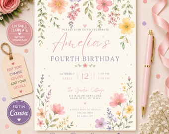 Floral Birthday Invitation Template, Printable Birthday Party Invite, Editable Girls Birthday Invitation, Garden Party Invite, Editable