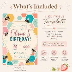 May include: An editable birthday invitation template featuring a honeycomb pattern with bees, pink and teal text reading Olivia's Birthday, and event details. The graphic includes instructions for editing via Canva, instant access, and a 5 by 7 inch size.