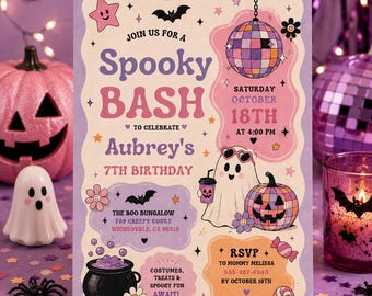 May include: A rectangular invitation card for a Spooky Bash 7th birthday party. The design features a disco ball, a ghost wearing heart-shaped glasses, a jack-o'-lantern, a cauldron, bats, and stars in shades of purple, pink, and orange.