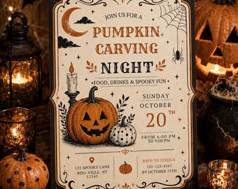 May include: A rectangular invitation card for a pumpkin carving night featuring a crescent moon, spider web, candle, and two pumpkins. The text reads: Join us for a pumpkin carving night, Sunday October 20th, from 6:00 PM to 9:00 PM, 123 Spooky Lane.