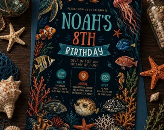 May include: A dark blue birthday invitation card featuring illustrations of a sea turtle, jellyfish, clownfish, and various coral. The text reads: Noah's 8th Birthday, Dive in for an ocean of fun, When Saturday June 21, 2025, Where Oceanside Playzone, RSVP to Mom.