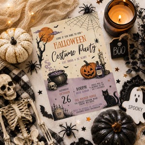 May include: A rectangular Halloween party invitation card featuring a full moon, a spider web, a cauldron, a jack-o'-lantern, and a black cat. The text reads: Come if you dare to our Halloween Costume Party, Eat, Drink & Be Scary, Saturday October 26, 8:00PM until 12:00AM, The Wicked House, 456 Creepy Hollow Road, Salem, MA 01970.